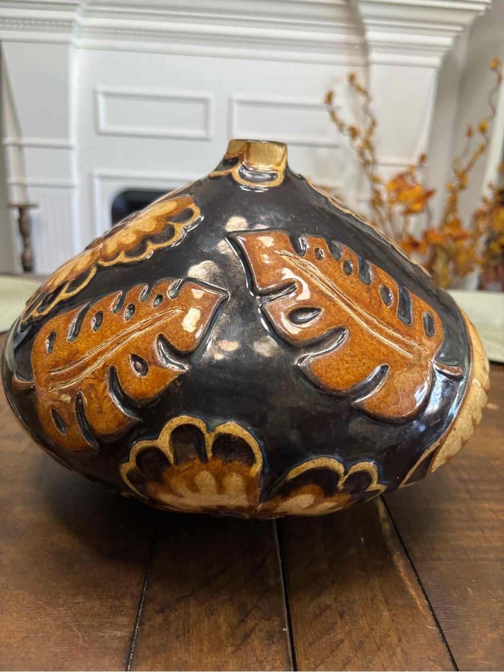 Vintage ceramic autumn fall leaves brown vase